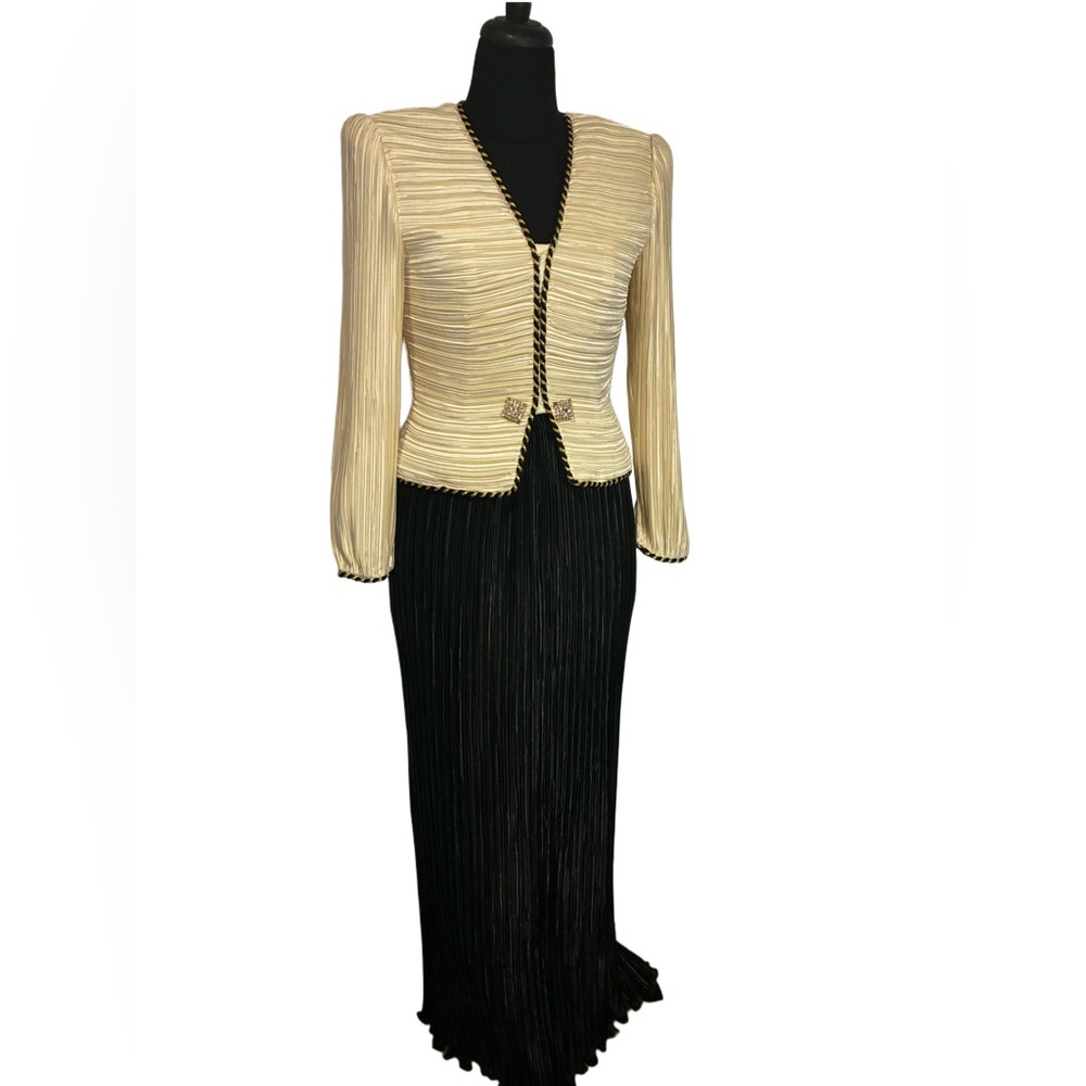 George F. Couture Saks Fifth Avenue 8 Black Ivory Skirt Set VTG plissé pleated